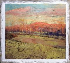 #5423 Moonrise (Impressionistic Country Landscape of Pink Sunset & Blue Sky)