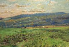 #5042 Bright Pasture (Impressionist, Modern Green Country Landscape Painting)
