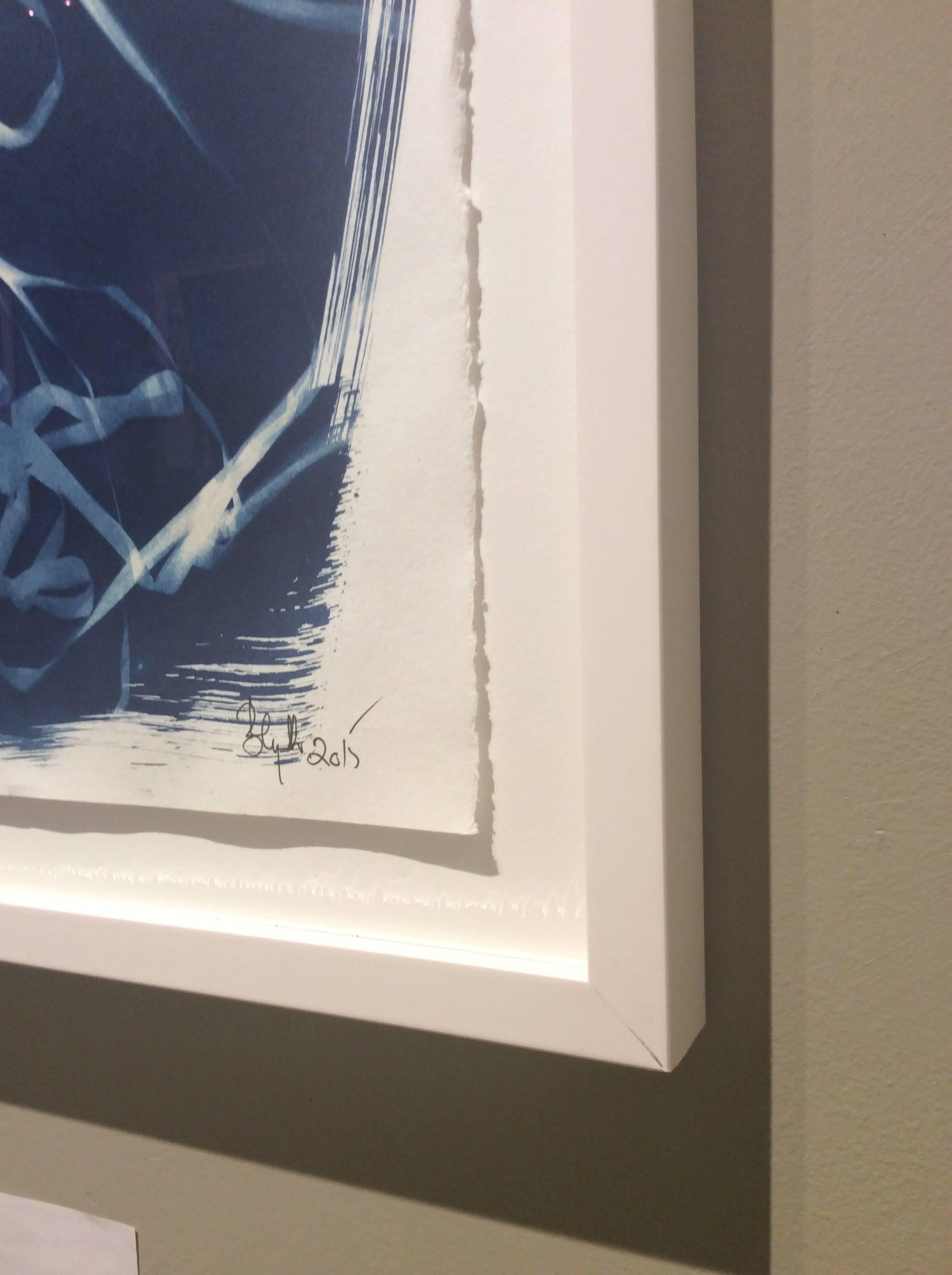 Unique cyanotype on rag paper
29 x 22 inches unframed
33 x 26.75 inches in simple white frame, AR non glare glass

This contemporary unique blue cyanotype photograph was completed by Birgit Blyth in 2015. Cyanotypes are the beautiful result of a
