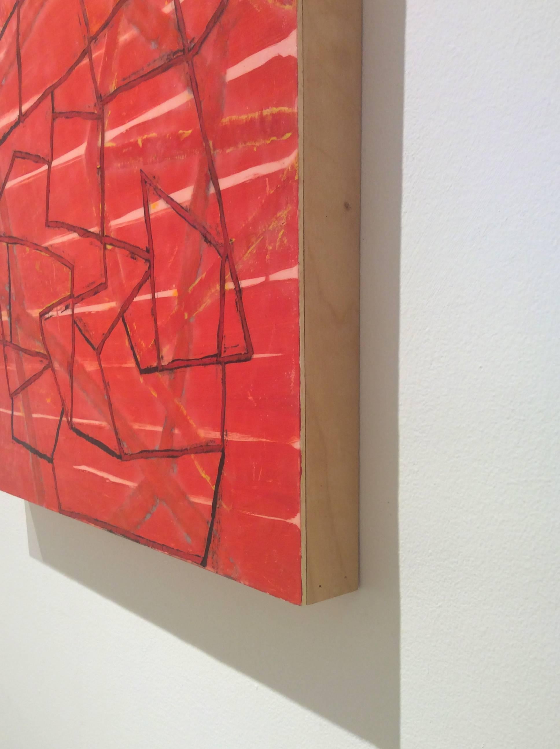 Hobgood (Abstract Red Encaustic Painting on Board with Black Geometric Patterns) For Sale 2