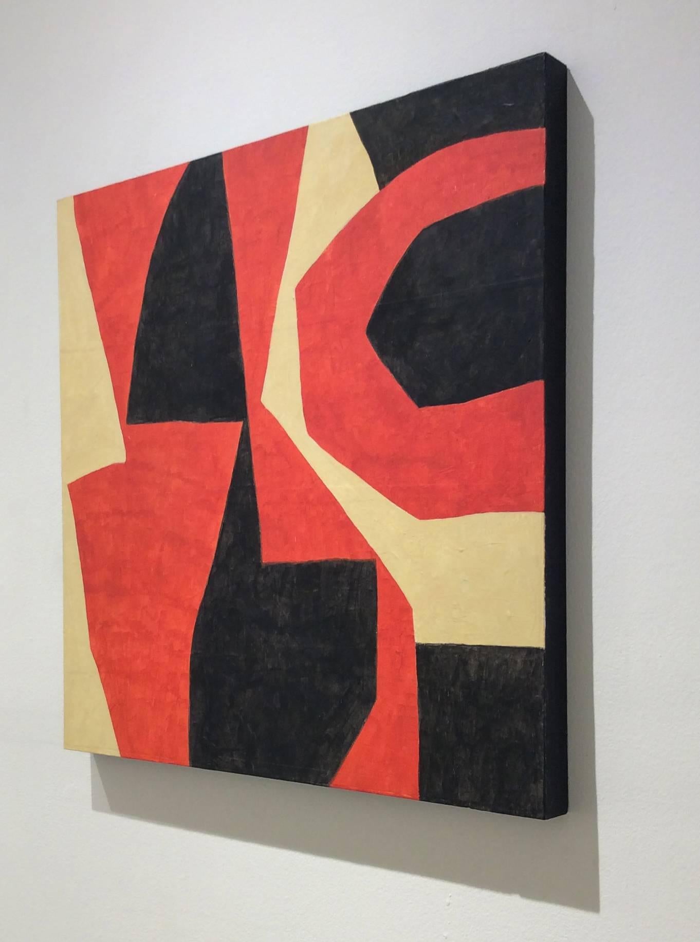 Duet (Red, Beige & Black Abstract Painting on Panel in Mid-Century Modern Style) 1