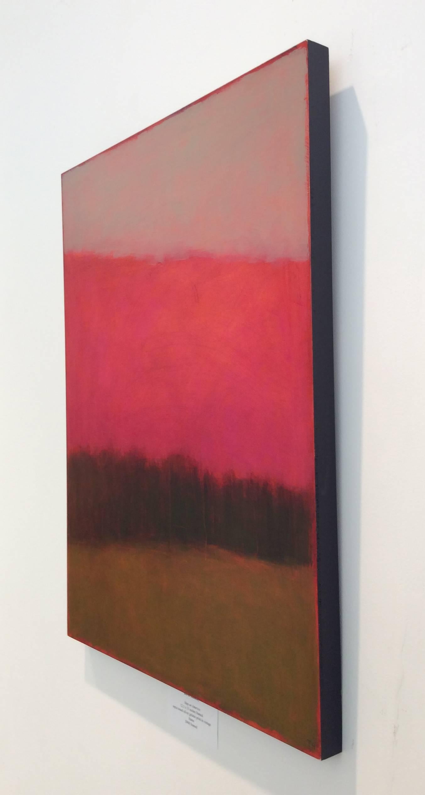 Rosy Hill (Contemporary, Minimal Abstract Landscape with Bright Magenta Skies) - Painting by Tracy Helgeson