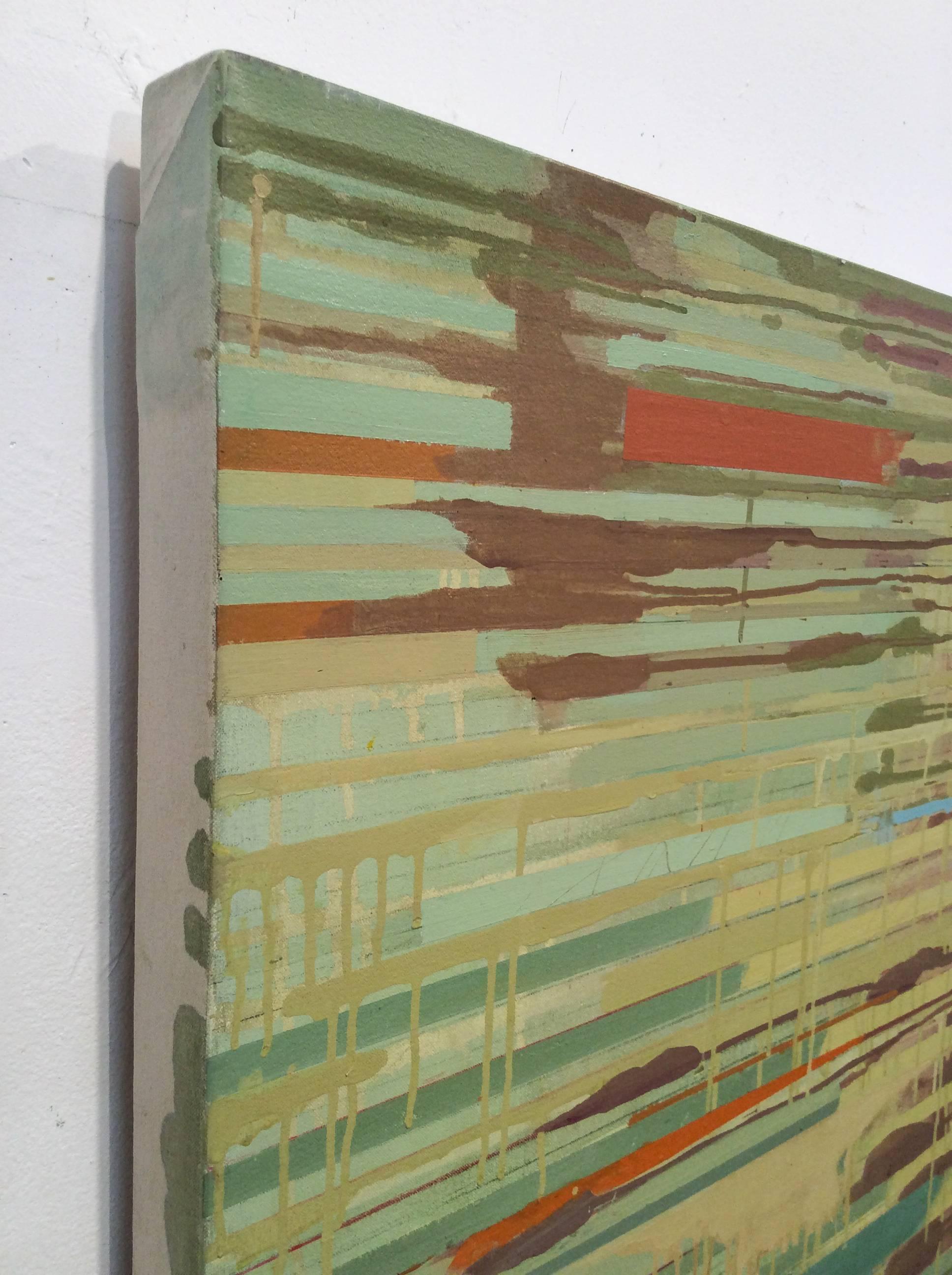 60 x 72 x 1,5 pollici
acrilico su tela offerto dalla Carrie Haddad Gallery di Hudson, NY.

Un grande dipinto astratto orizzontale con una tavolozza di verde brillante, giallo e arancione zafferano. L'artista utilizza un pennello costruito su misura,
