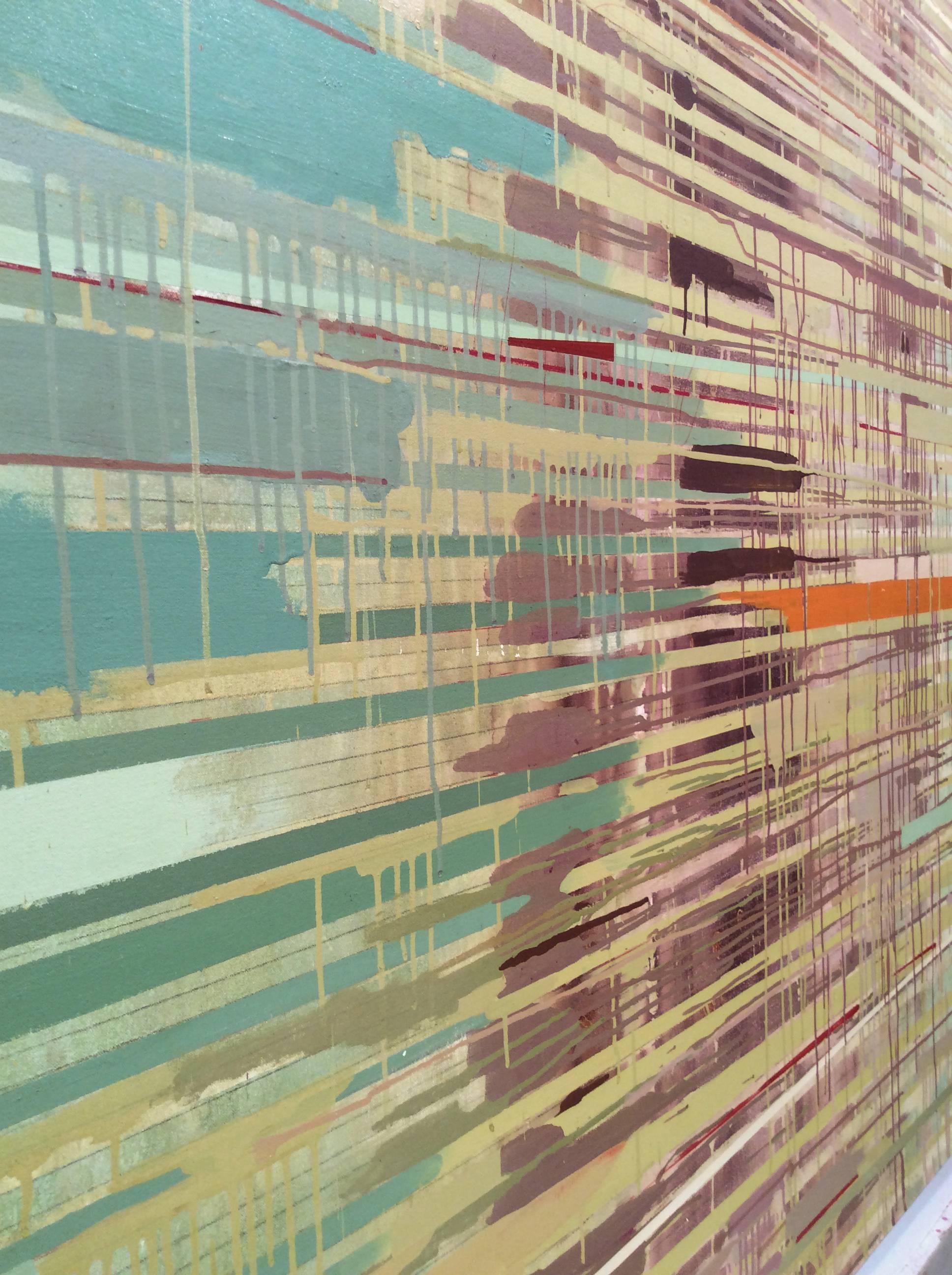Fiume d'oro (Astratto contemporaneo, veli di colore giallo e verde) - Abstract Painting Marrone di Jeanette Fintz