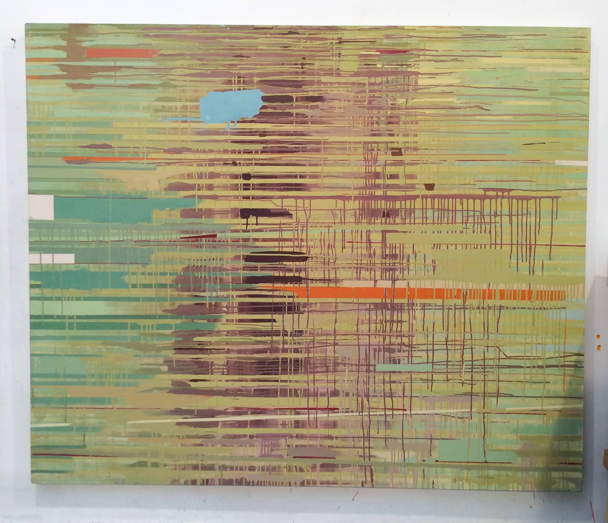 Fiume d'oro (Astratto contemporaneo, veli di colore giallo e verde) - Painting di Jeanette Fintz