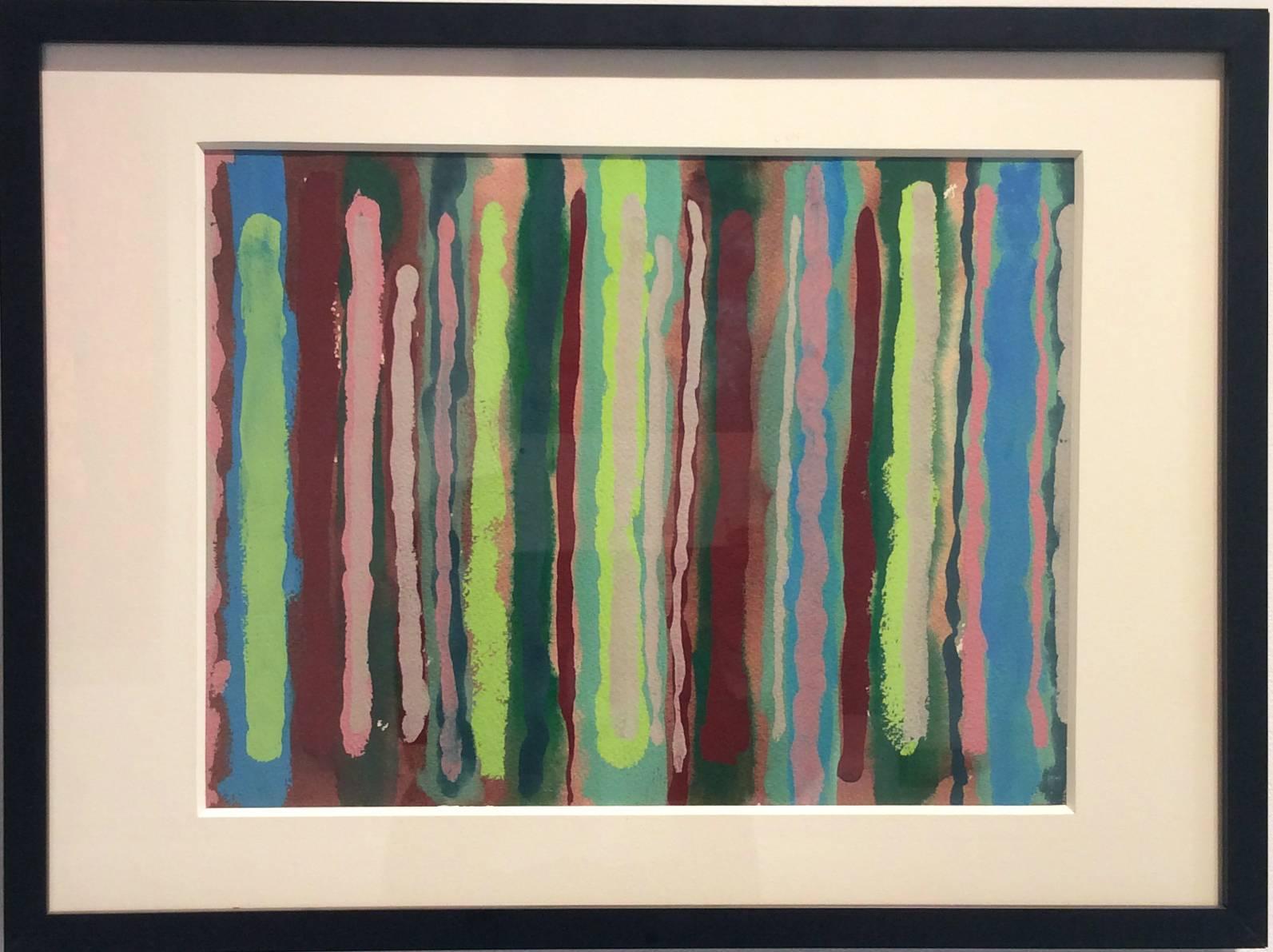  007 (Abstract Expressionist Watercolor c. 1970, Vertical Bands of Neon Green) - Painting by Edward Avedisian