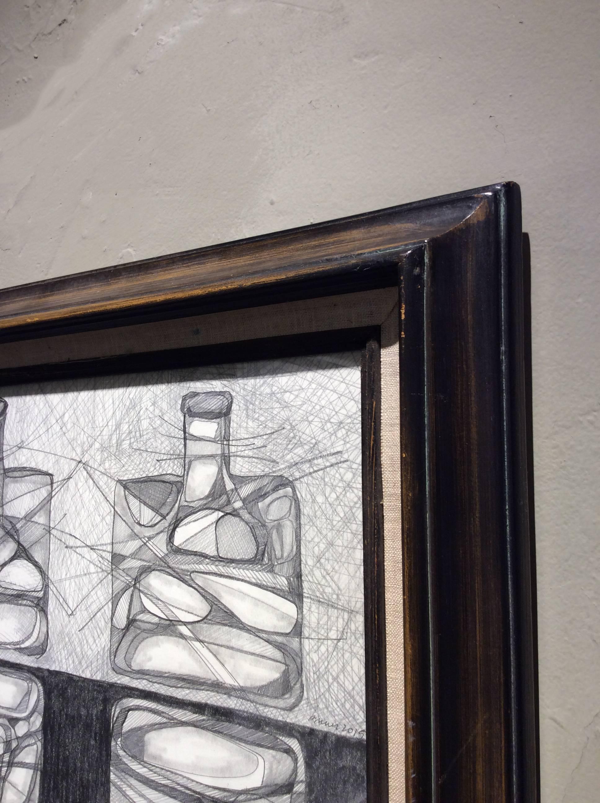 Two Morandi Bottles: Abstract Cubist Style, Modern Drawing in Vintage Wood Frame - Art by David Dew Bruner