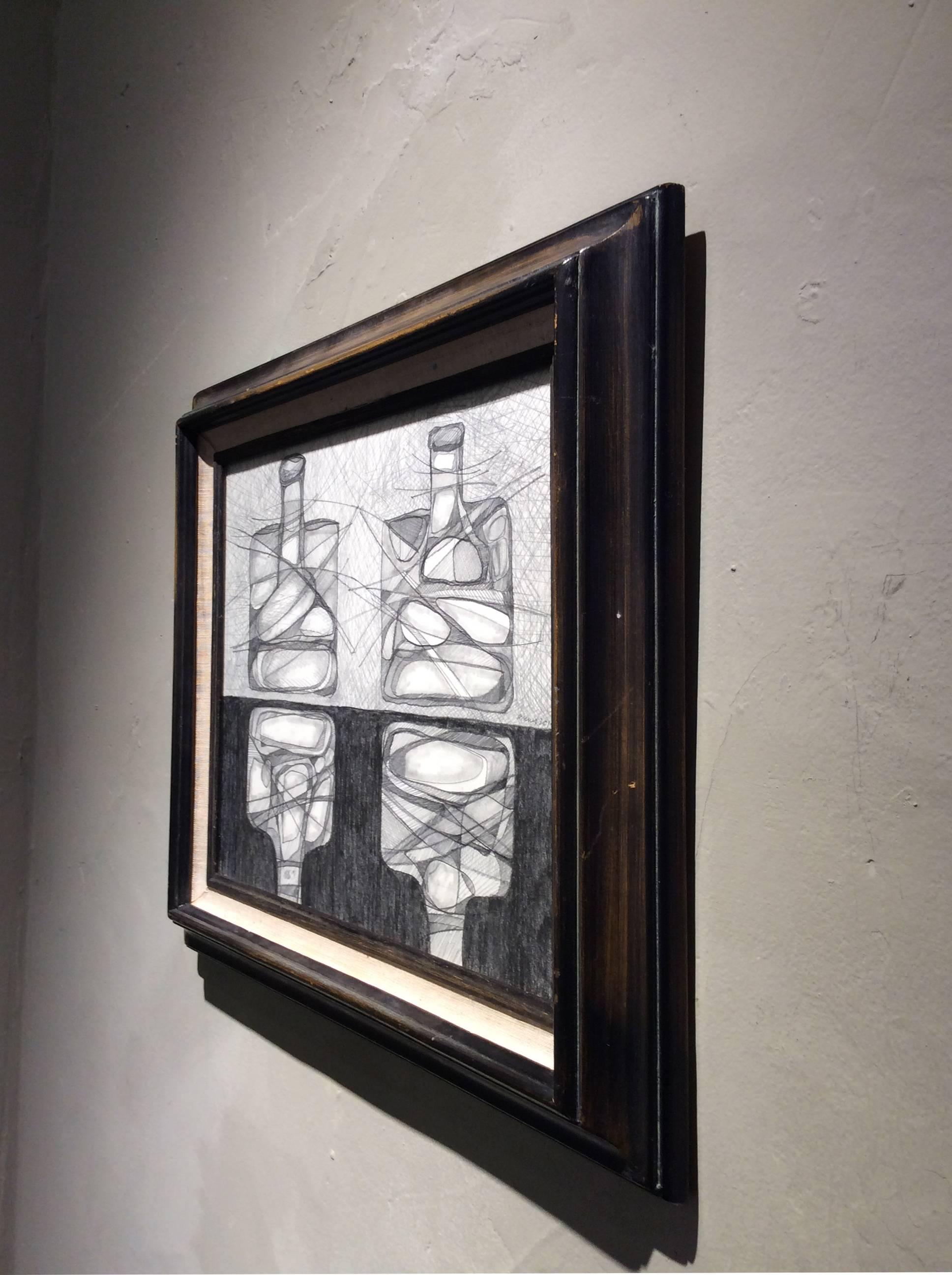 Two Morandi Bottles: Abstract Cubist Style, Modern Drawing in Vintage Wood Frame - Black Abstract Drawing by David Dew Bruner
