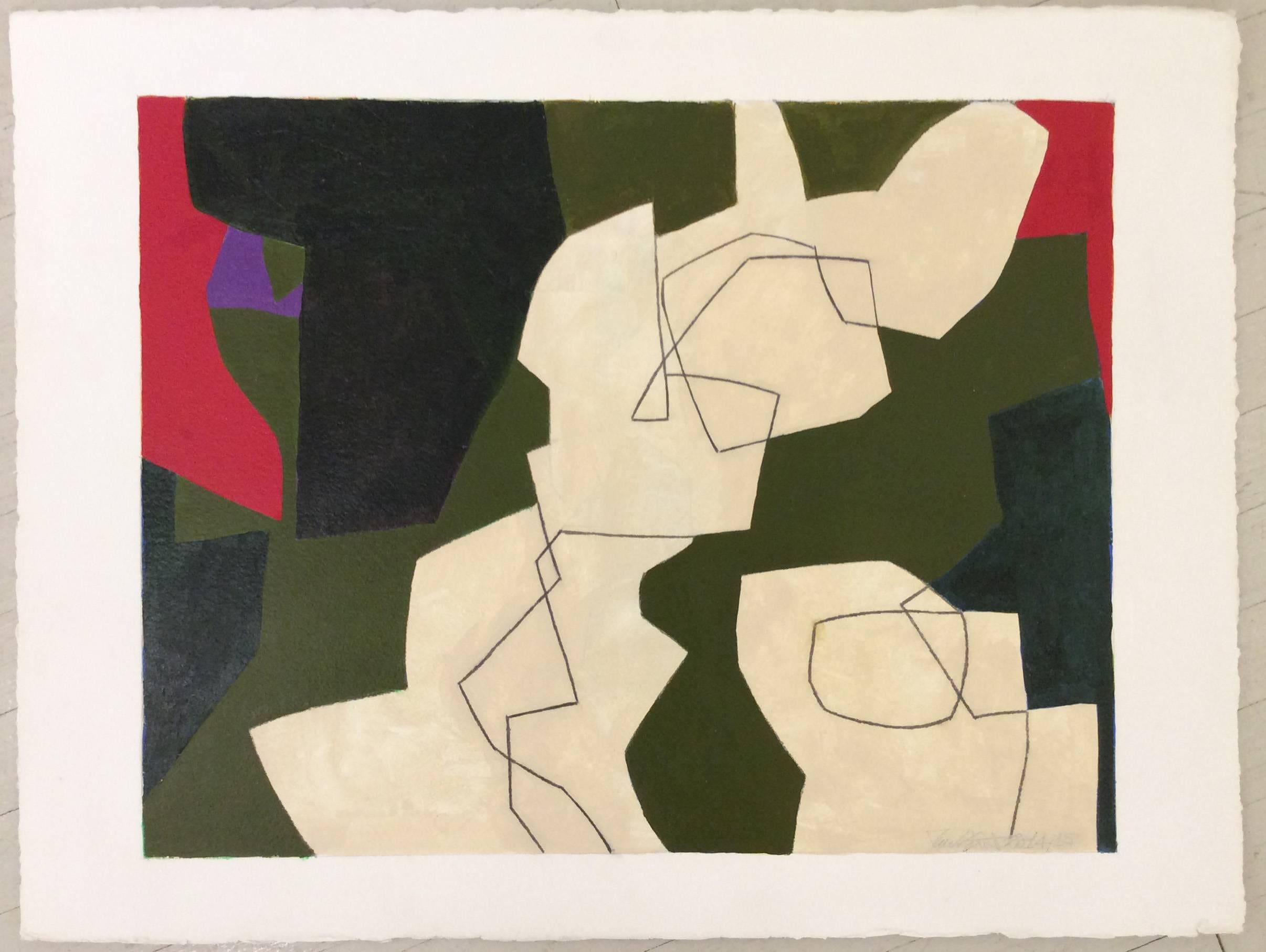 Abstraktes Rot und Grün (zeitgenössisches minimalistisches abstraktes Gemälde auf Papier) (Schwarz), Abstract Painting, von Ralph Stout