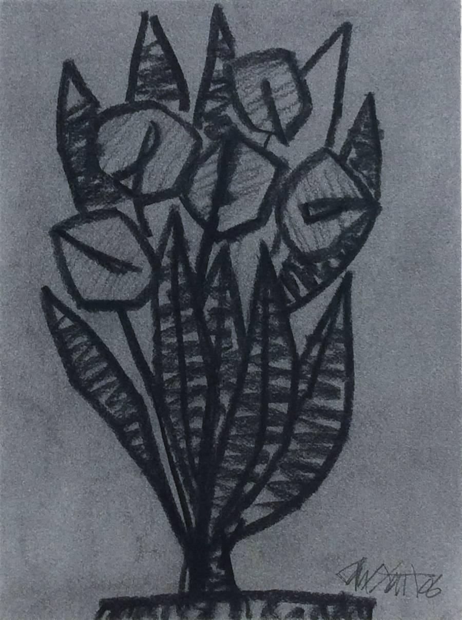 Ralph Stout Still-Life - Untitled No. 28 (Cubist Black & Grey Charcoal Abstracted Flowers in Black Frame)