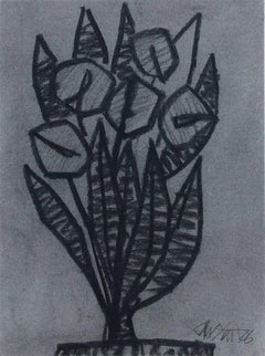 Untitled No. 28 (Cubist Black & Grey Charcoal Abstracted Flowers in Black Frame)