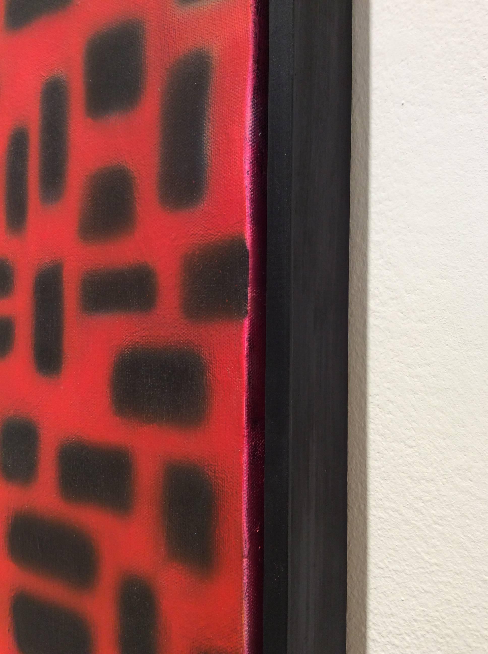 Rote Red Convergence (modernes, abstraktes, geometrisches rot-schwarzes Gemälde in schwarzem Rahmen 1