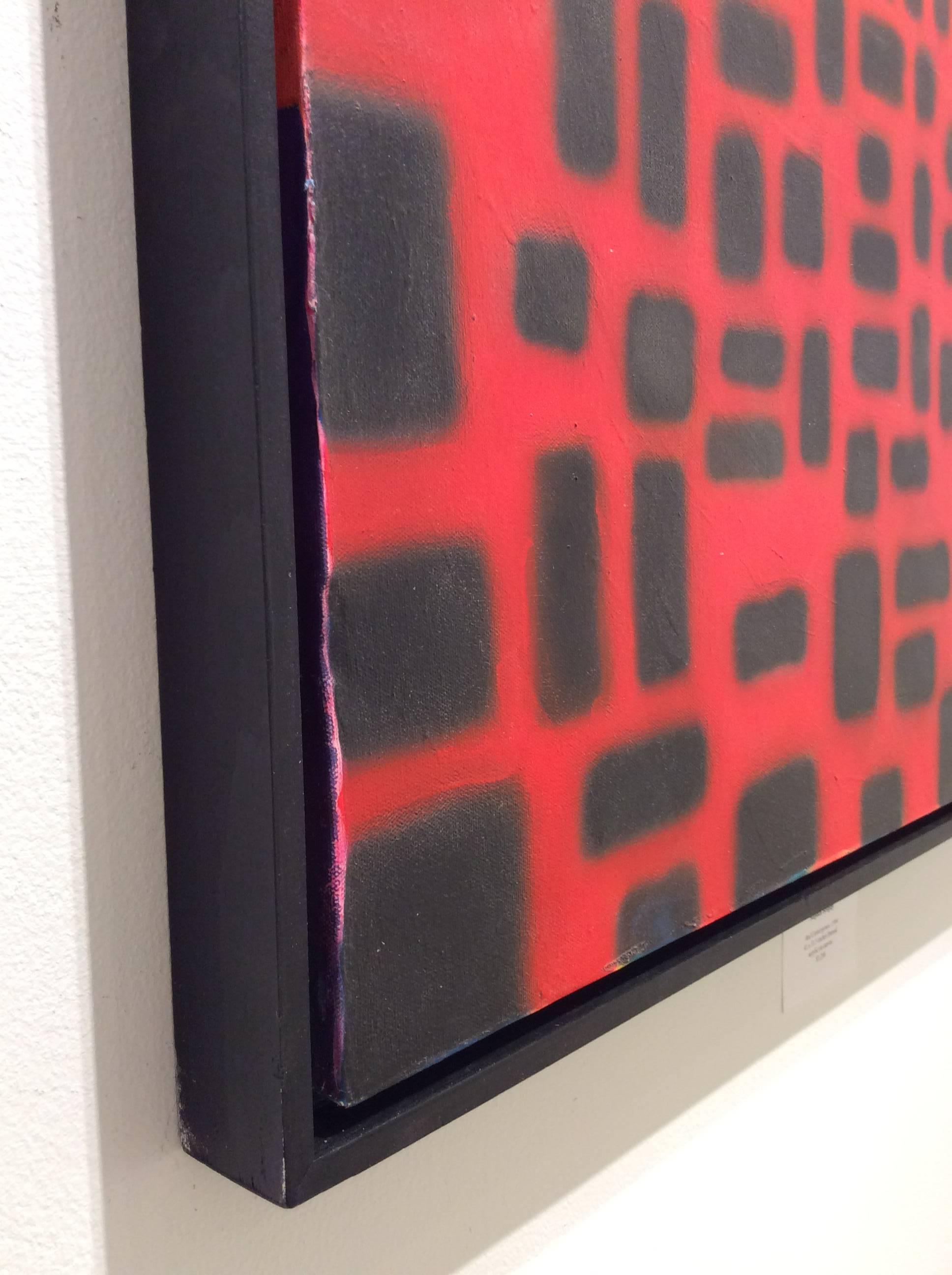 Rote Red Convergence (modernes, abstraktes, geometrisches rot-schwarzes Gemälde in schwarzem Rahmen 2