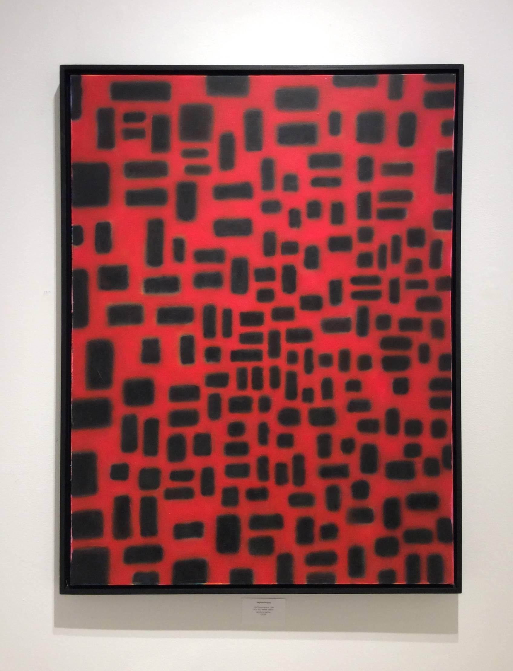 Rote Red Convergence (modernes, abstraktes, geometrisches rot-schwarzes Gemälde in schwarzem Rahmen (Zeitgenössisch), Painting, von Stephen Brophy