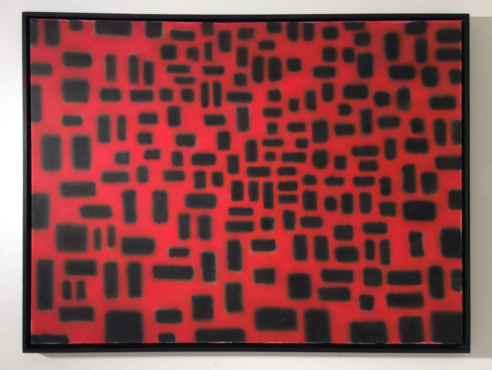 Rote Red Convergence (modernes, abstraktes, geometrisches rot-schwarzes Gemälde in schwarzem Rahmen (Schwarz), Abstract Painting, von Stephen Brophy