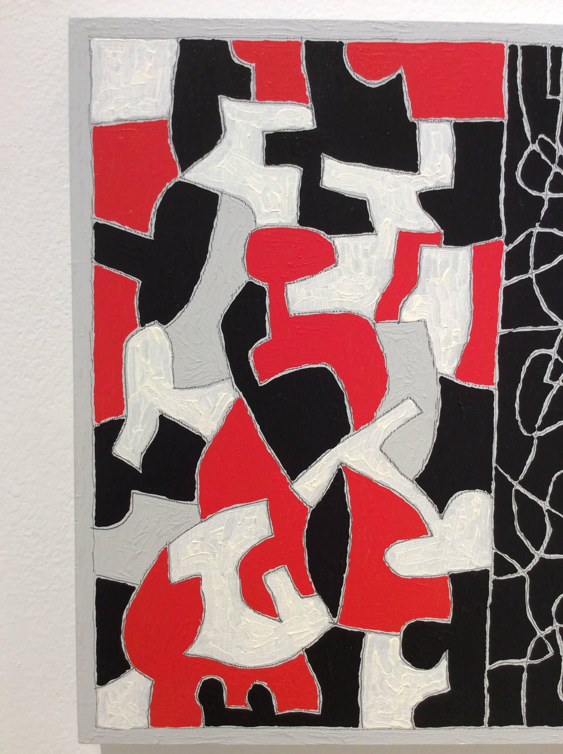 Interlock #30 (Modern, Graphic Black, White & Red Abstract Painting on Panel) For Sale 1