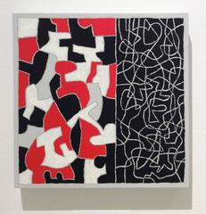 Interlock #30 (Pintura abstracta moderna y gráfica en blanco, negro y rojo sobre panel)