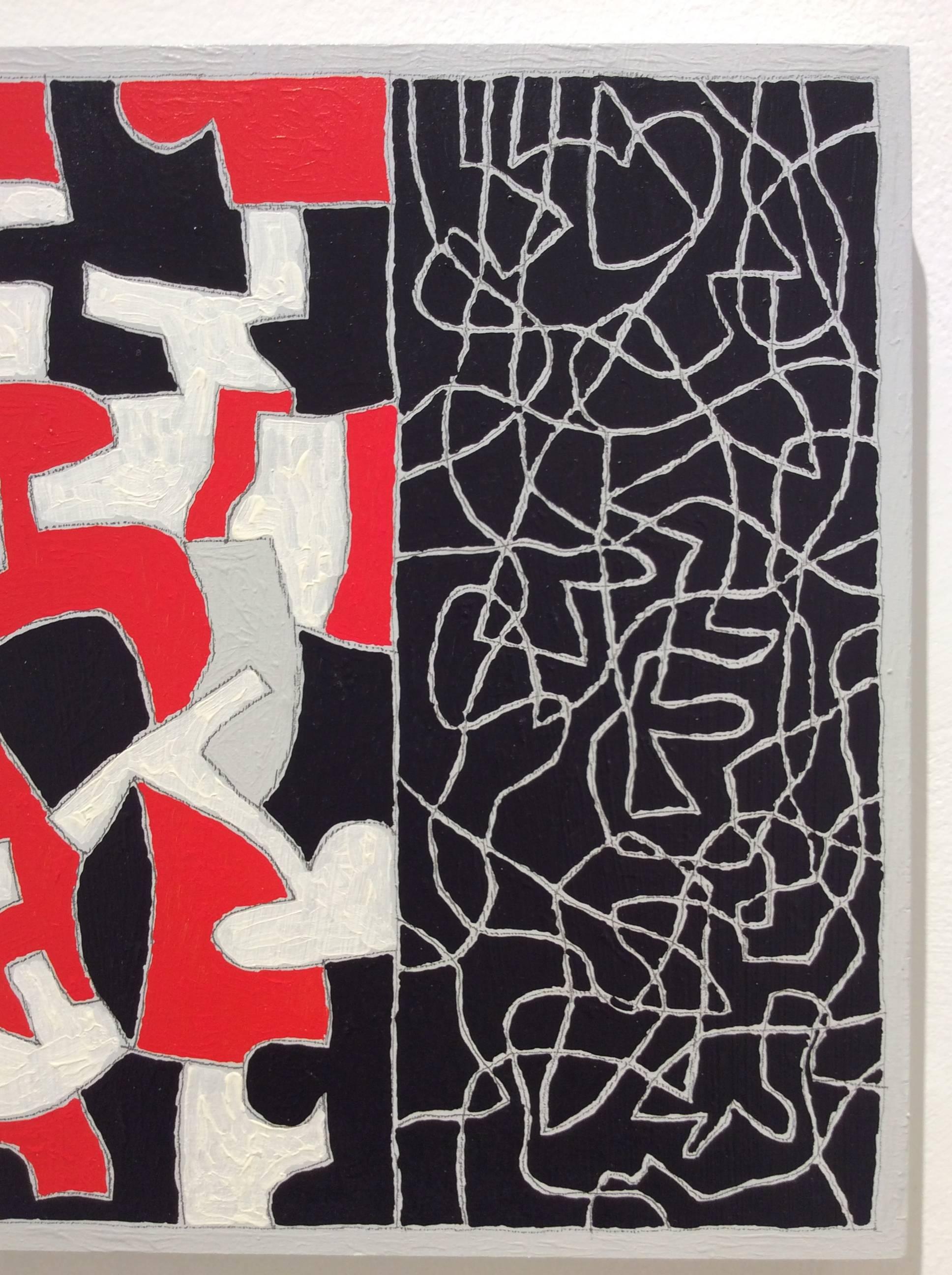 8 x 8 inches 
oil paint on wood panel 

This contemporary, abstract oil painting in graphic black, white, & red was completed by Vermont based artist, Paul Katz, in 2016. Studying line and color, the artist contrasts a puzzle-like design on the left