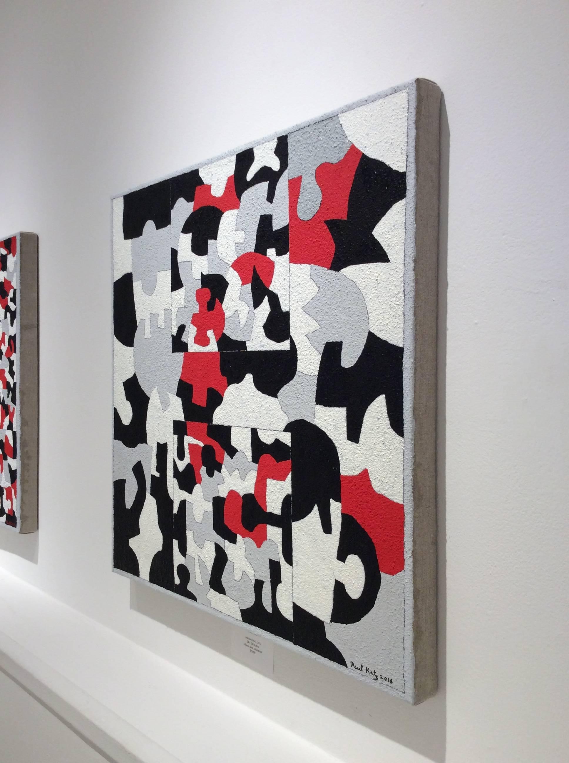 Interlock n°45 (peinture grise, abstraite, rouge, grise, blanche et noire sur toile) - Painting de Paul Katz