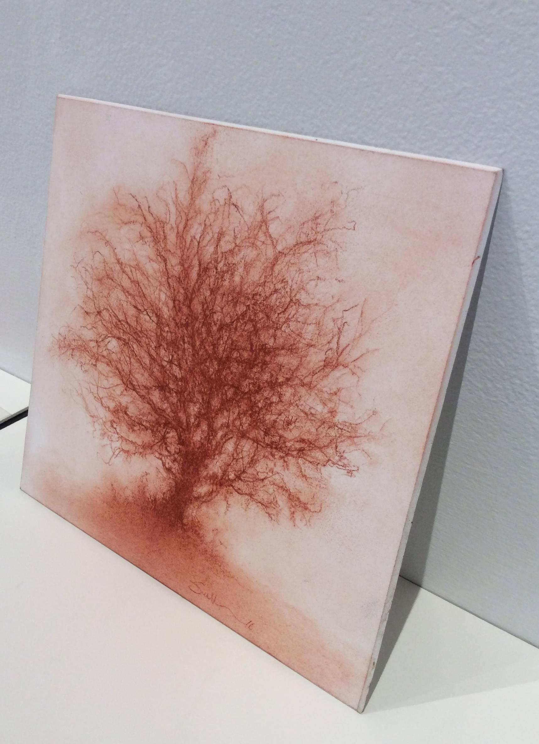 Red Tree 4 (Modern, Realistic Red Sanguine Chalk Single Tree Drawing) - Art by Sue Bryan