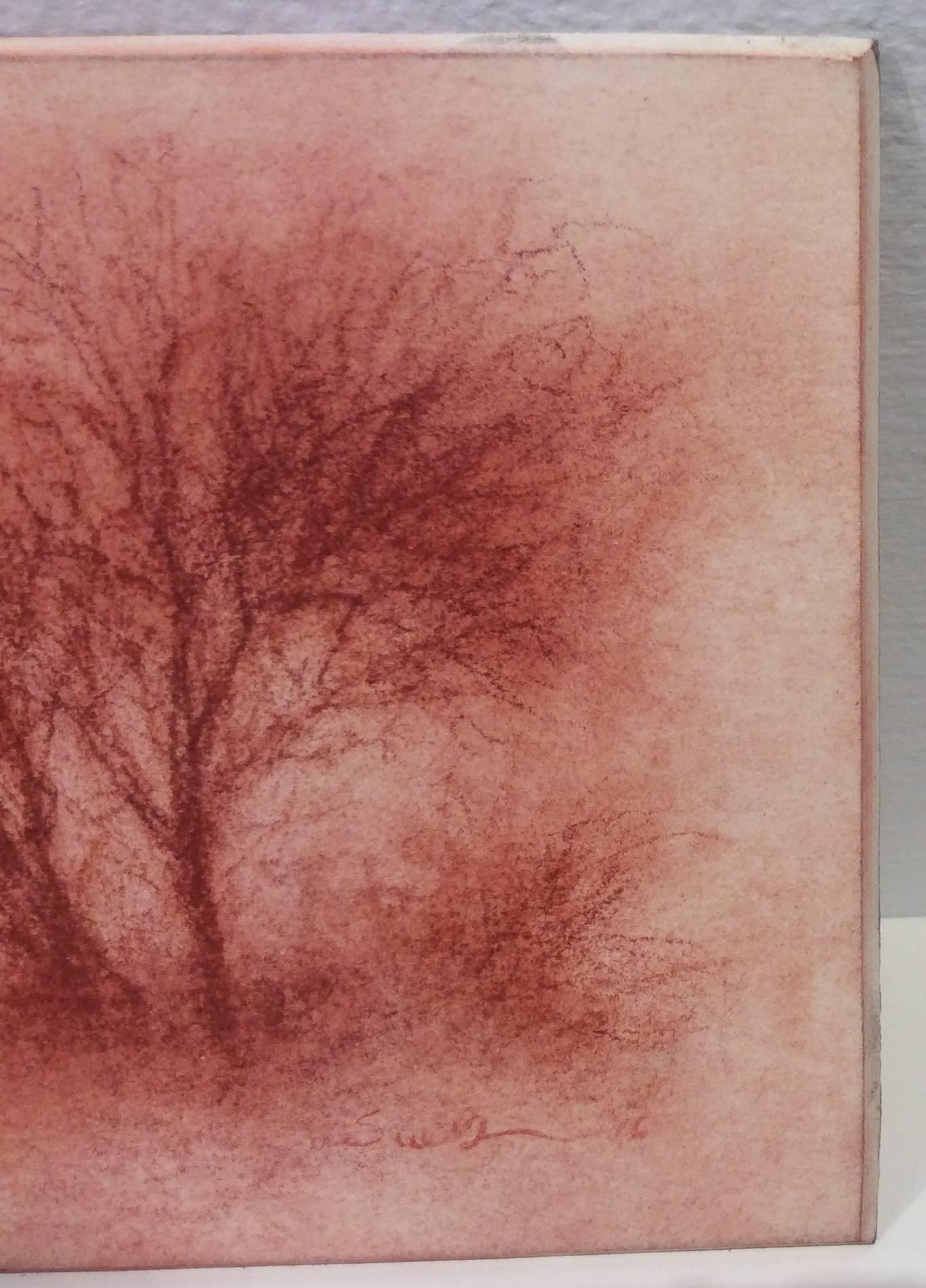 Red Trees (Modern, Realistic Red Sanguine Chalk Drawing of Trees in Landscape) - Art by Sue Bryan