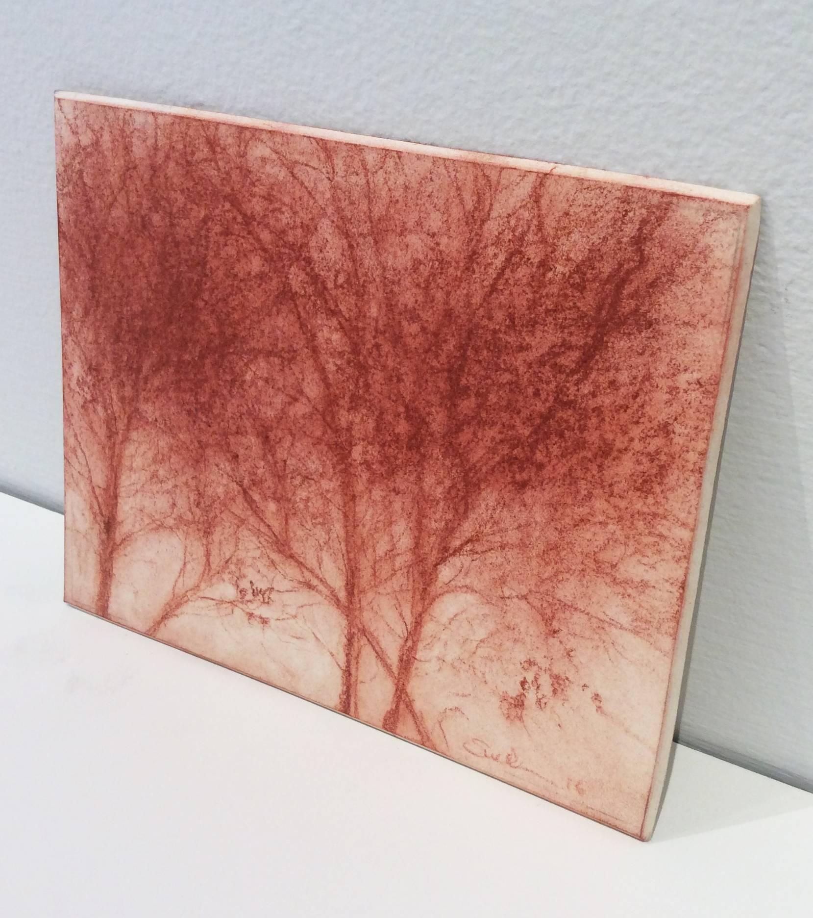 Red Trees 2 (Modern, Realistic Red Sanguine Chalk Drawing of Trees in Landscape) - Art by Sue Bryan