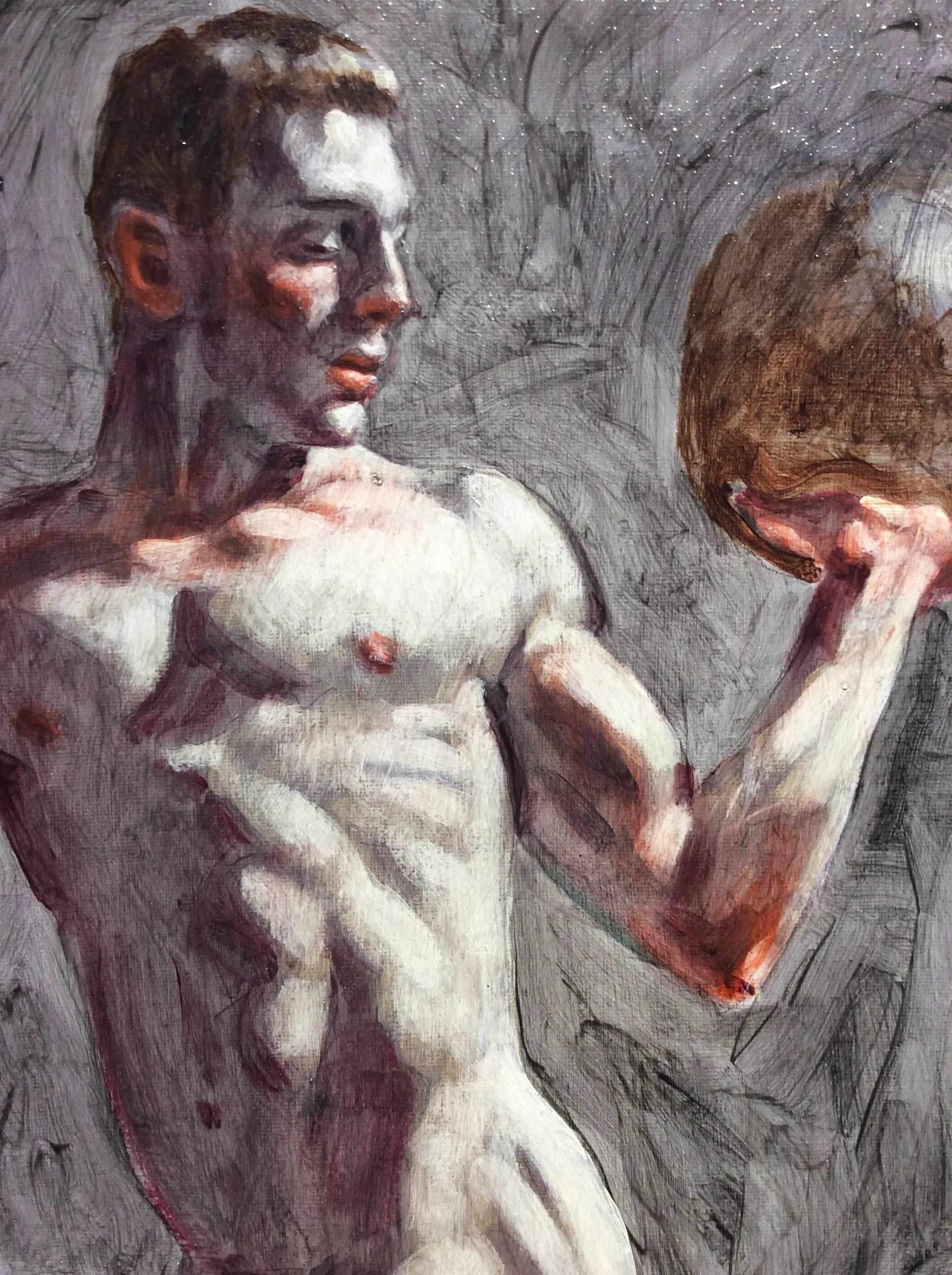 Athlete in the Nude (Figurative Oil Painting of Muscular Athlete with Shot Put) - Gray Figurative Painting by Mark Beard