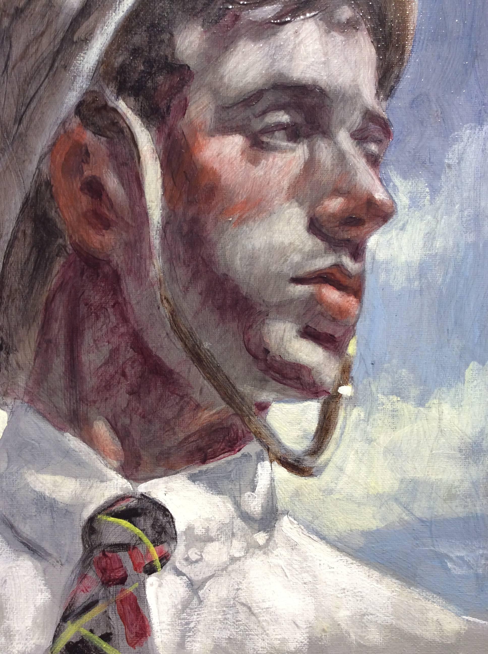Man in Safari Cap (Academic Style Portrait Oil Painting of Man in Argyle Tie) 1