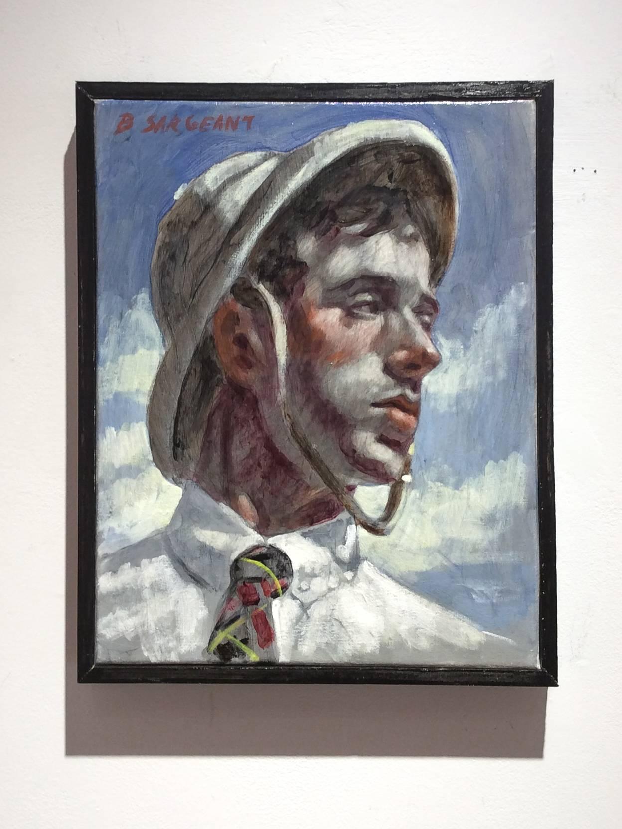 Man in Safari Cap (Academic Style Portrait Oil Painting of Man in Argyle Tie) - Gray Figurative Painting by Mark Beard