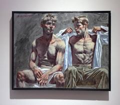Zwei sitzende Männer (Figuratives Ölgemälde im akademischen Stil in Grau- und Holzkohletönen)