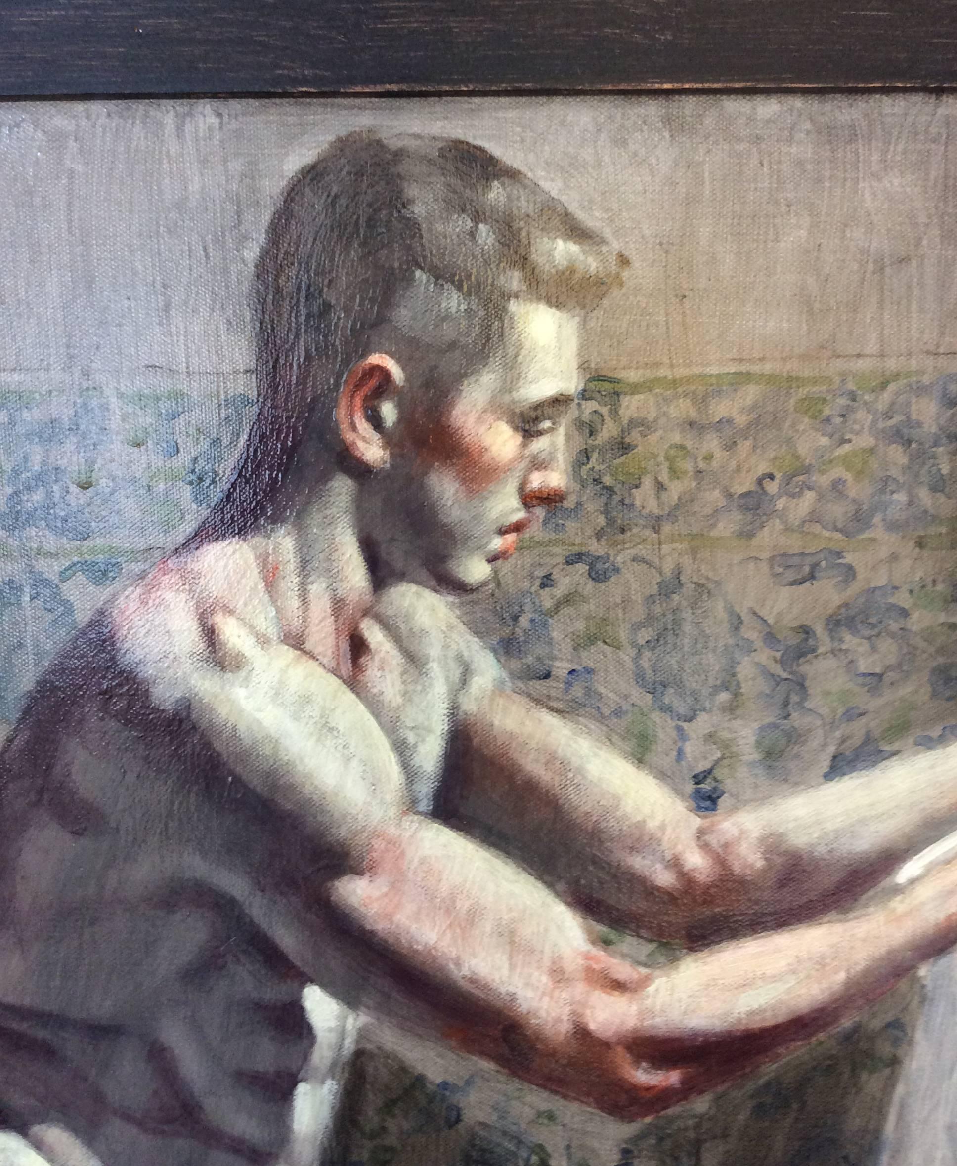 Uomo che si asciuga con l'asciugamano: Figurativo di nudo nel bagno turco di Mark Beard 2
