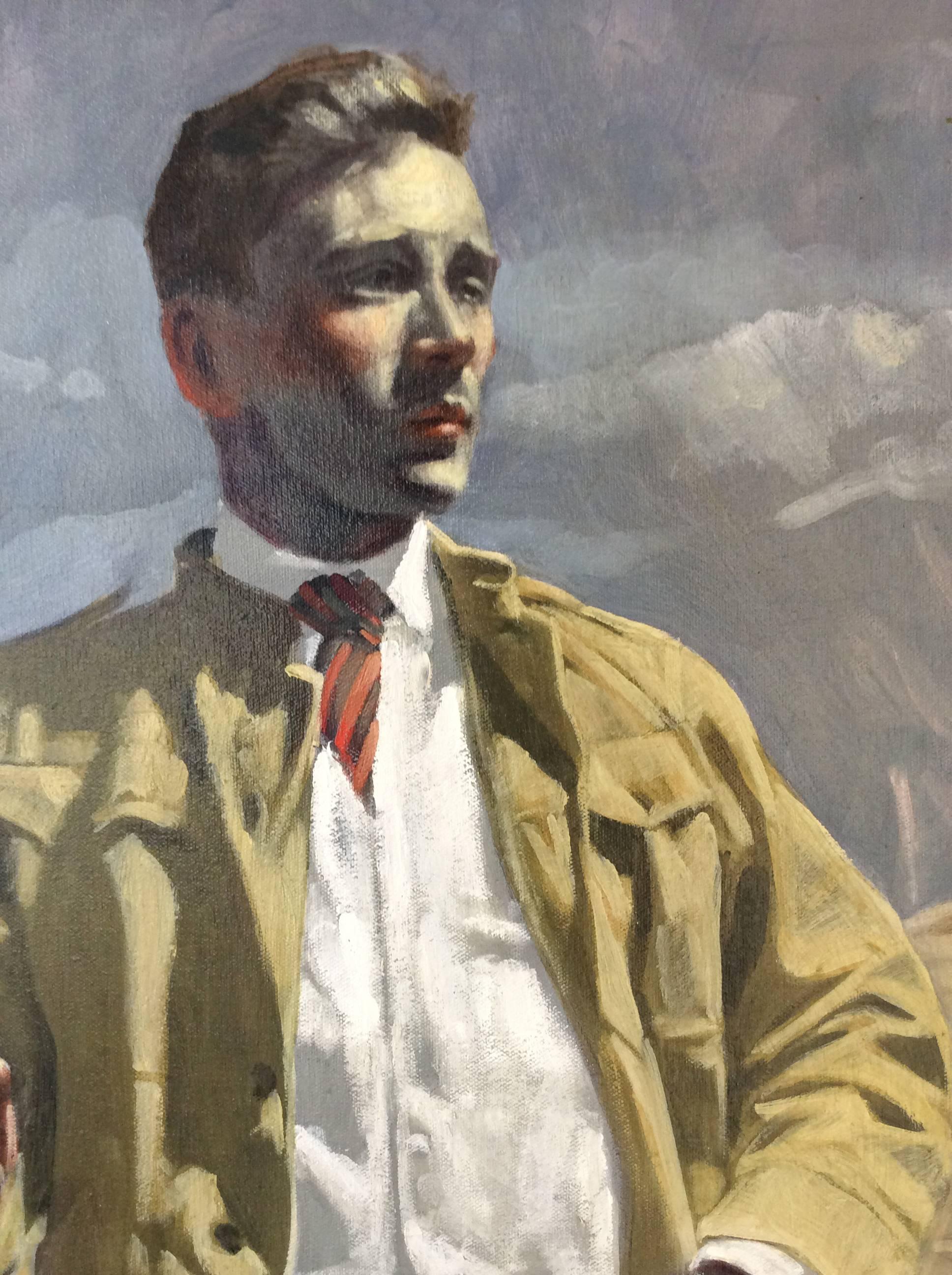 Löwe (Figuratives Ölgemälde eines Safari- Hunters in afrikanischer Landschaft, gerahmt) – Painting von Mark Beard