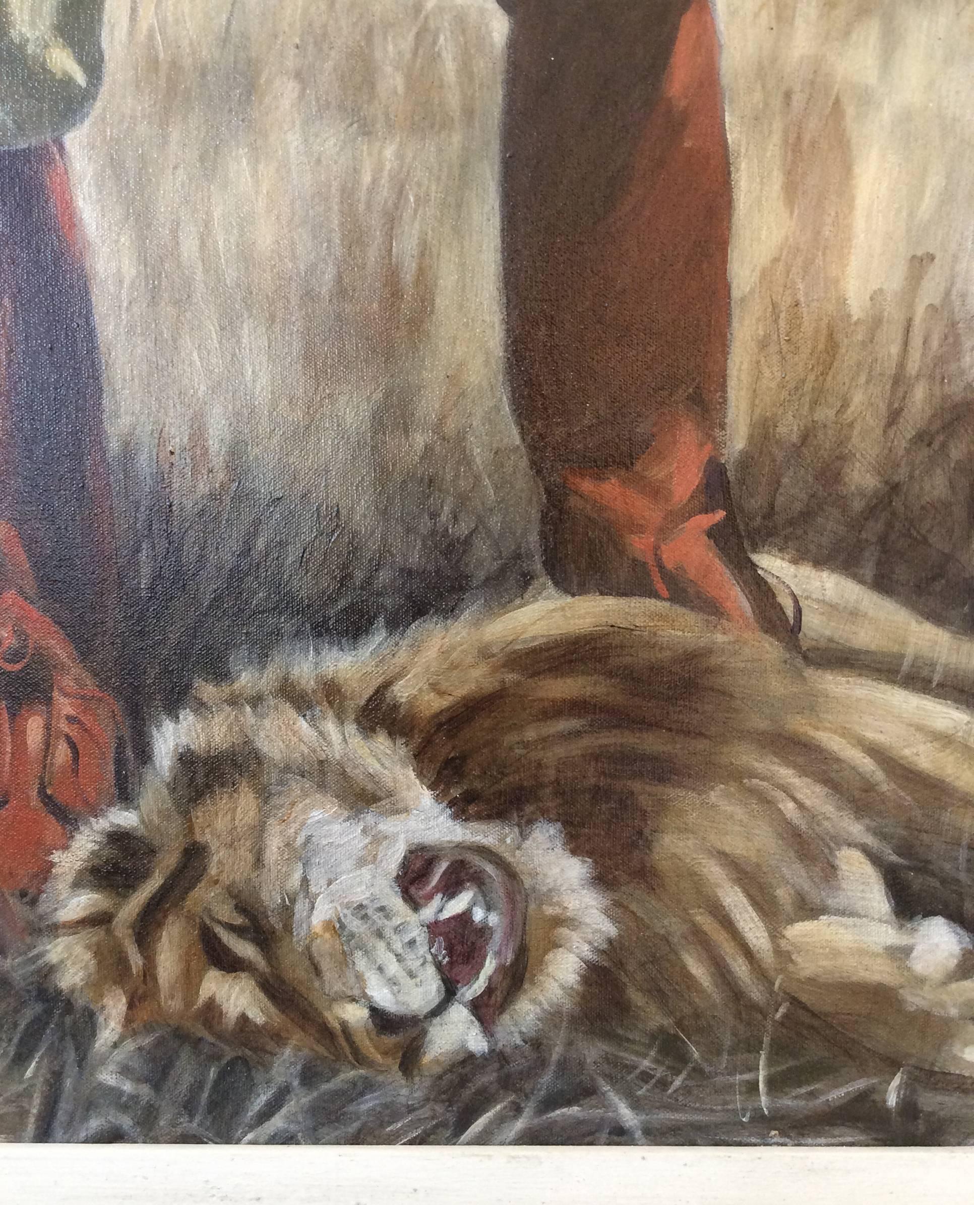 Figuratives Ölgemälde auf Leinwand von Mark Beard aka. Bruce Sargeant
Öl auf Leinwand
48 x 24 Zoll ungerahmt, 52 x 28 x 1 Zoll in weiß lackiertem Holzrahmen

Dieses vertikale, zeitgenössische figurative Gemälde eines einzelnen männlichen