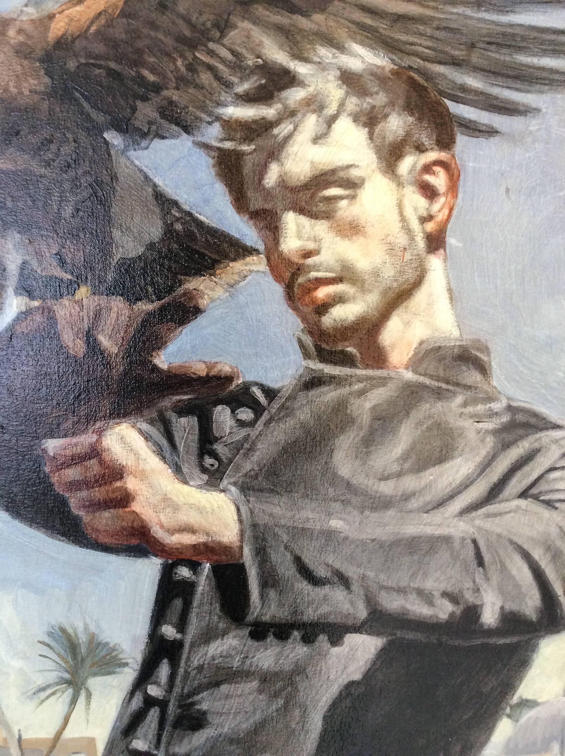 Falconer (peinture à l'huile figurative d'un homme en costume noir avec des lévriers & Falcon) - Painting de Mark Beard