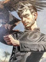Falconer (Figurative Oil Painting of Black Suited Man with Greyhounds & Falcon)