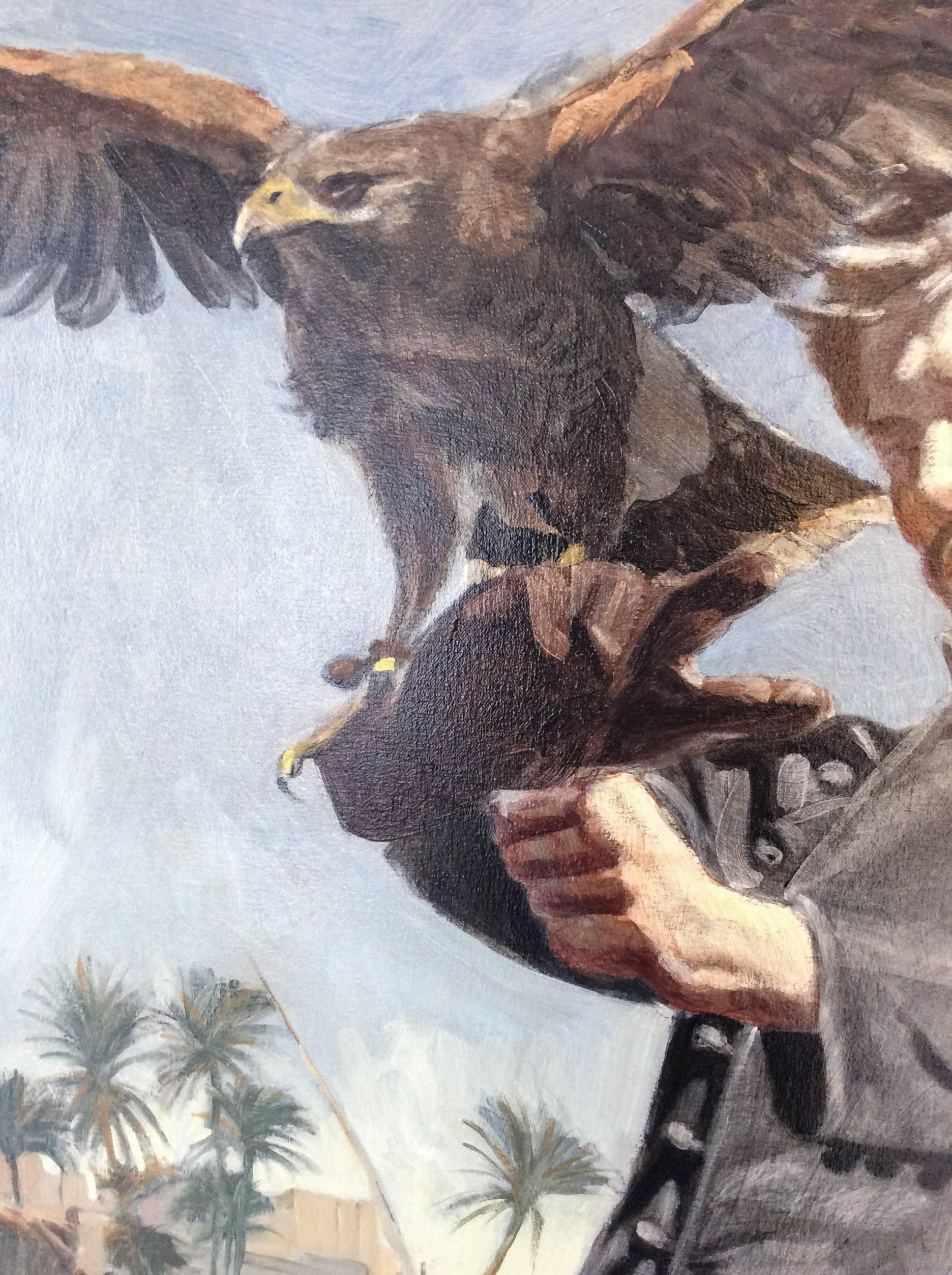 Falconer (peinture à l'huile figurative d'un homme en costume noir avec des lévriers & Falcon) - Académique Painting par Mark Beard