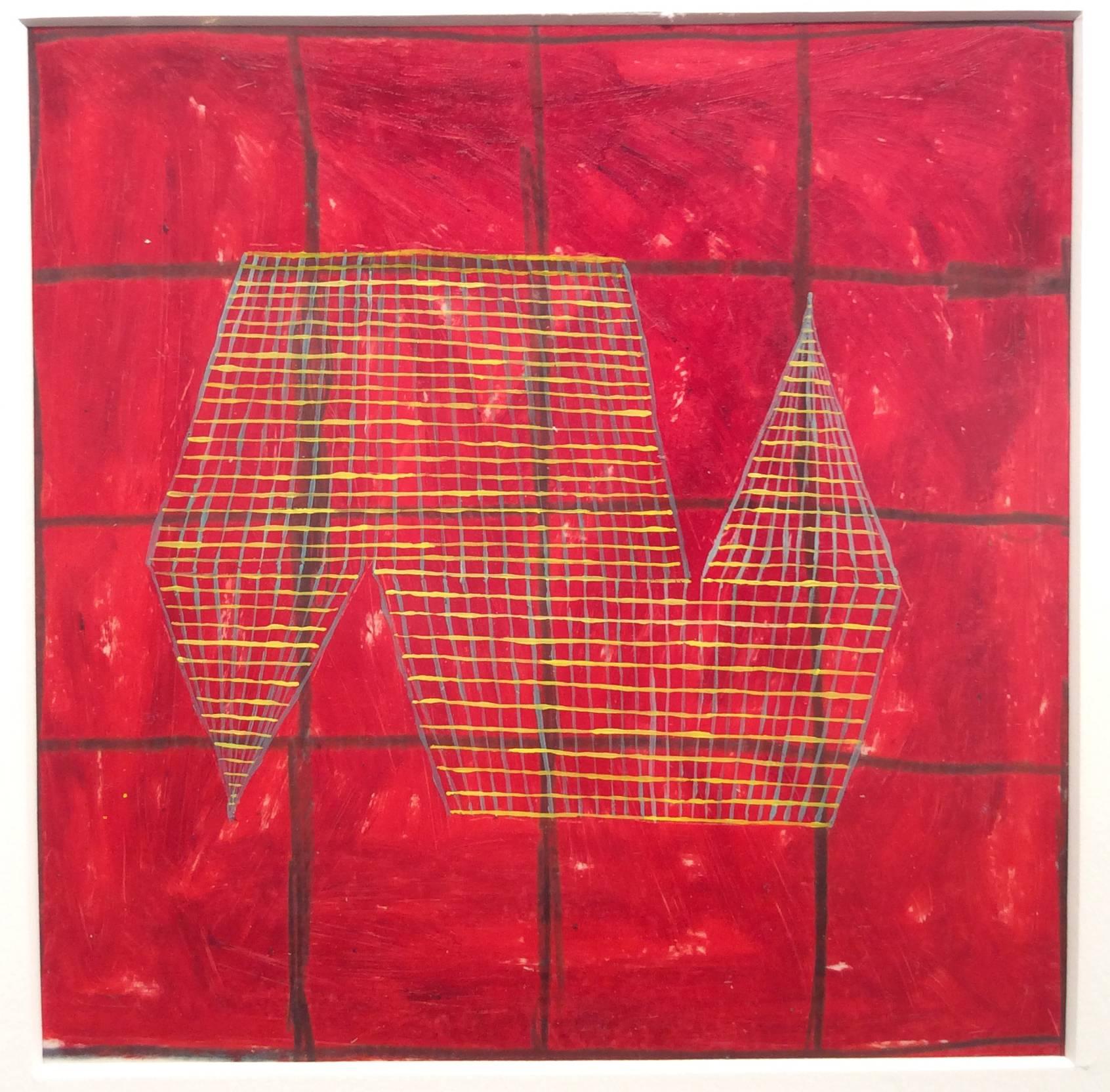 Donise English Abstract Painting - 7A (Modern, Abstract Red & Yellow Grid Painting on Vellum in Square White Frame)