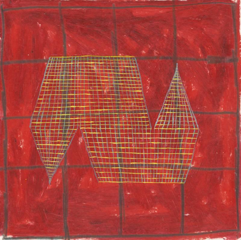 7A (Modern, Abstract Red & Yellow Grid Painting on Vellum in Square White Frame) For Sale 2