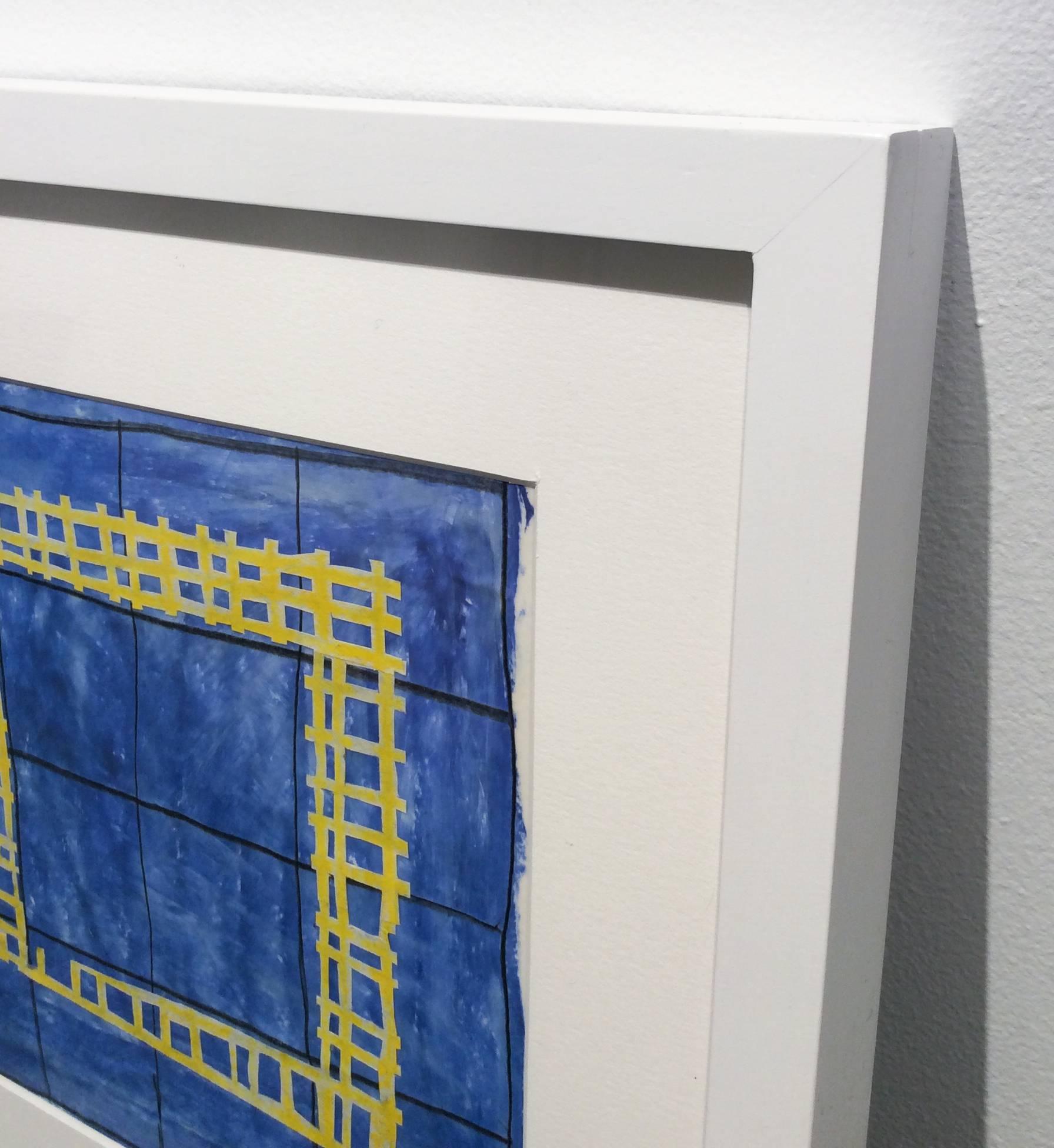 16A (Quadro moderno e astratto a griglia blu e gialla con cornice bianca) - Abstract Painting Beige di Donise English