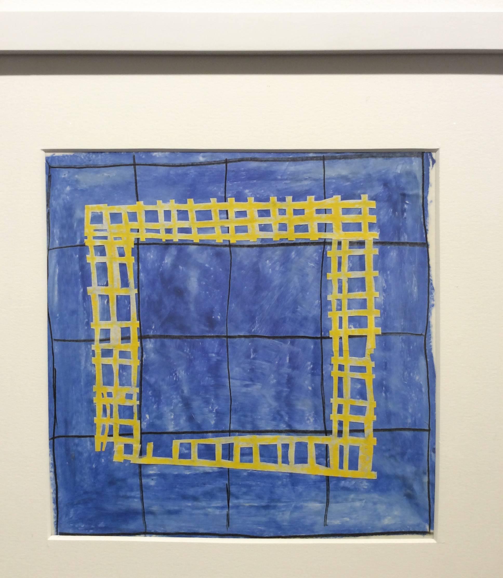 olio su pergamena
8 x 8 pollici, 13,25 x 13,25 in cornice bianca
Questo lavoro su carta è offerto dalla Carrie Haddad Gallery, situata a Hudson, NY.

Questo quadro astratto contemporaneo di colore blu con dettagli gialli in una cornice quadrata
