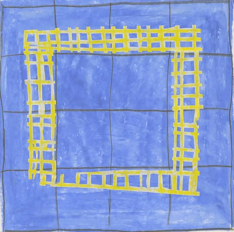 Donise English Abstract Painting - 16A (Modern, Abstract Blue & Yellow Grid Patterned Painting in White Frame)