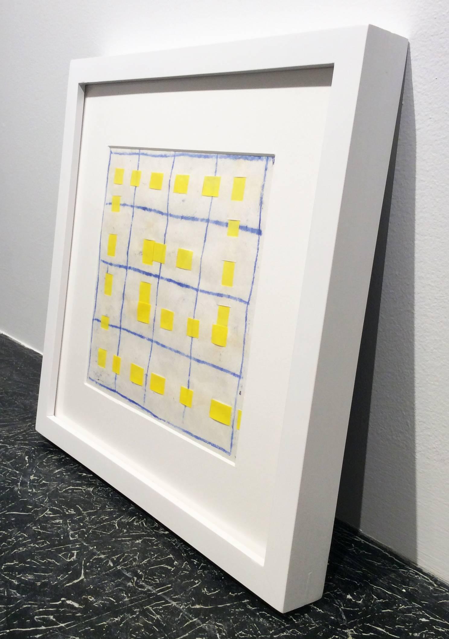 16B: Modern, Abstract Blue, White, & Yellow Grid Pattern Painting in White Frame - Beige Abstract Painting by Donise English