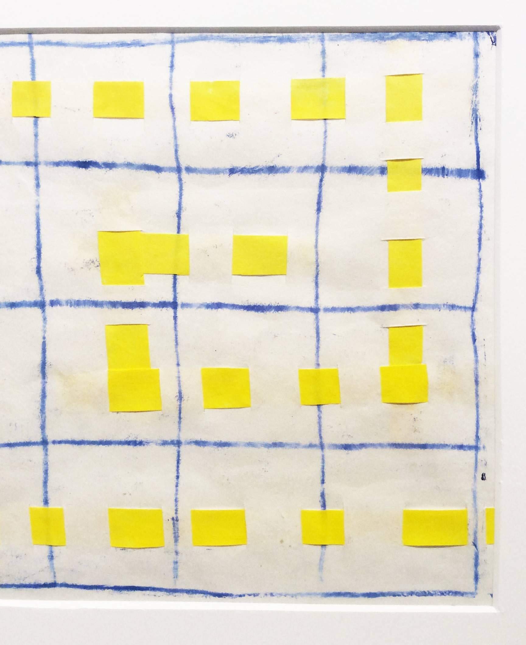 16B: Modern, Abstract Blue, White, & Yellow Grid Pattern Painting in White Frame For Sale 1