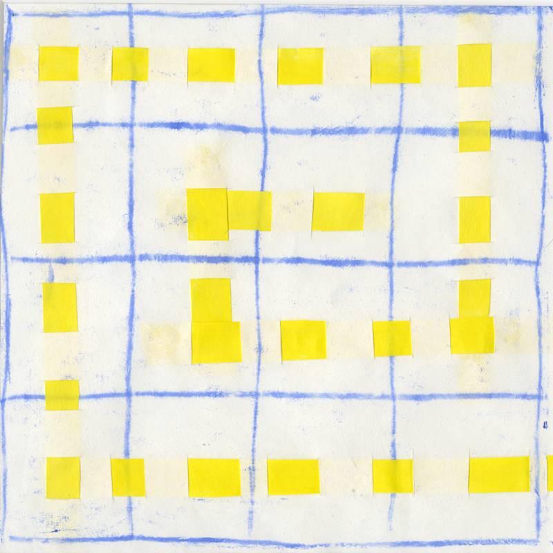 16B : peinture moderne abstraite à motif de grille bleue, blanche et jaune dans un cadre blanc