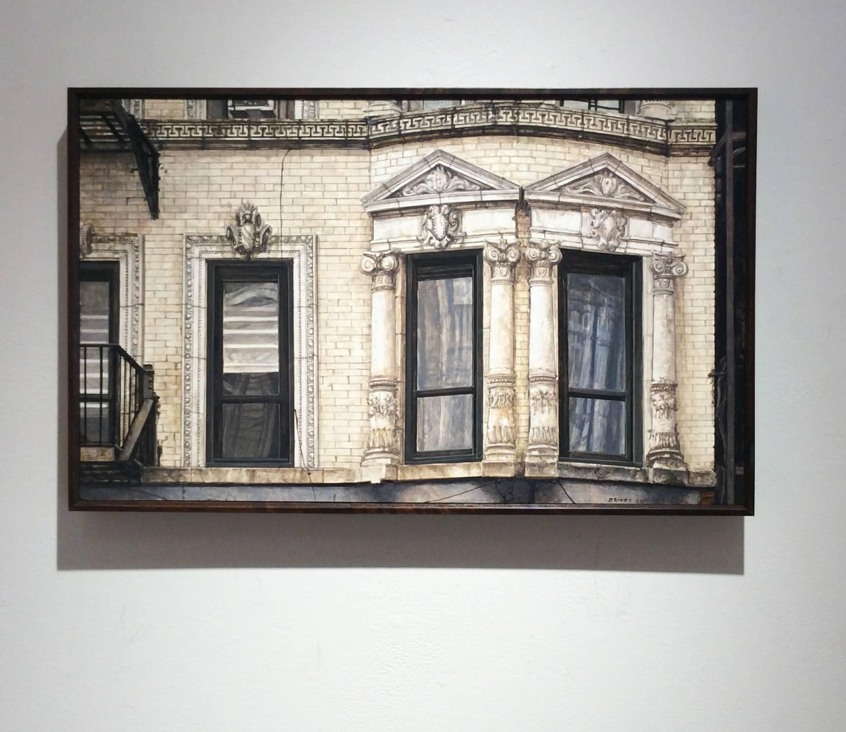 oil on wood in artist made frame
12 x 18 inches 
$1,800

This contemporary, realistic oil painting of a New York City building was painted by Richard Britell in 2017. Employing his mastery of the troupe l'oeil technique, Britell paints the light