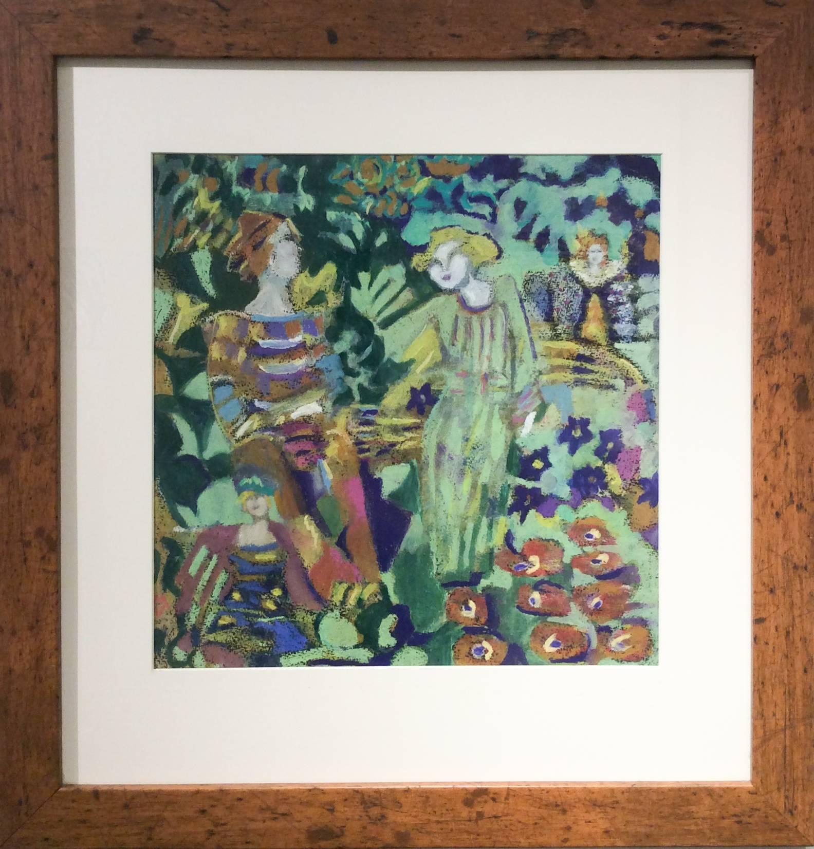 Faun and Fairies (Expressionist Oil Pastel of Figures and Flowers in the Garden) - Art by Marion Vinot