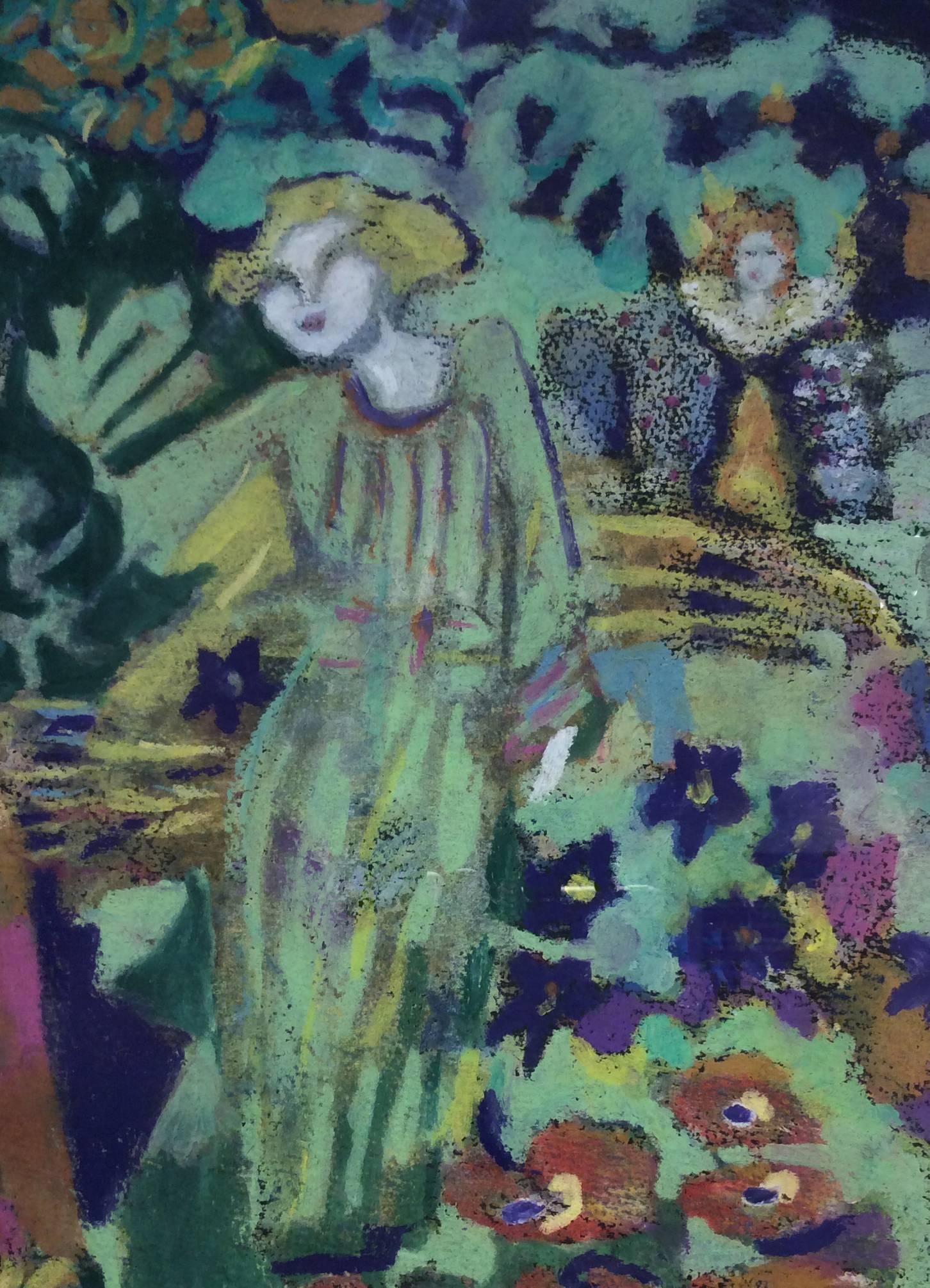 Der Faun und die Fahnen ( Expressionistisches Ölpastell mit Figuren und Blumen im Garten) (Grau), Figurative Art, von Marion Vinot