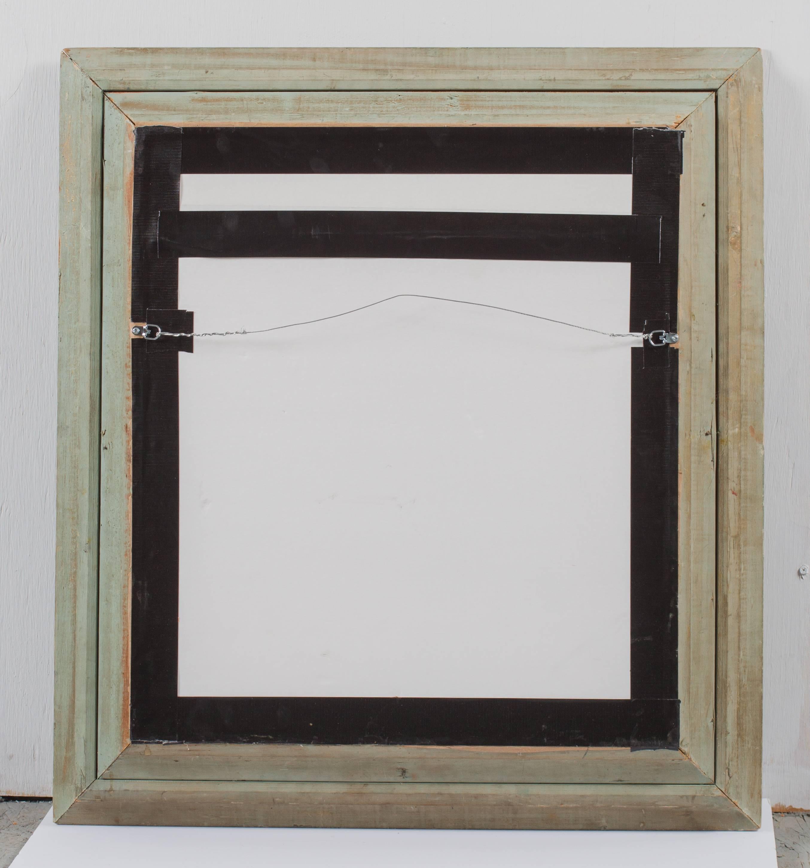 graphite and acrylic on paper in vintage engraved, gold and green tinted wood frame 
32 x 29 inches framed

This vertical, black, white and light blue graphite and acrylic drawing was inspired by the Russian Constructivist art movement. The work is