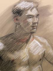 MB 003 (Modern, Academic Style Figurative Drawing of Seated Male Nude)