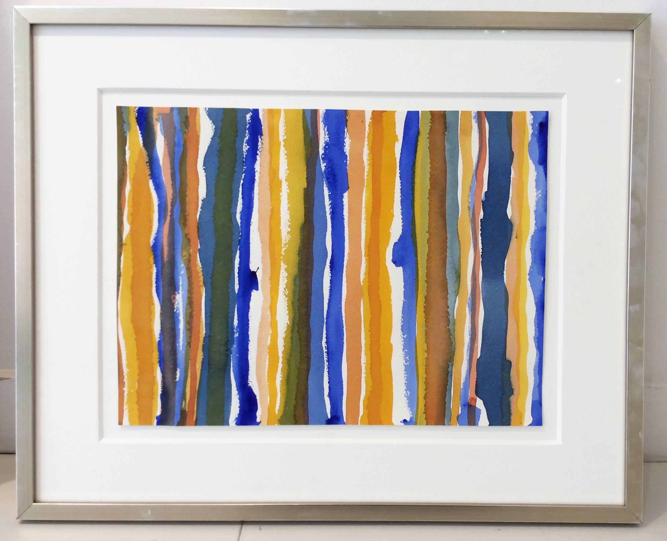 Untitled 012 (Framed Blue and Yellow Striped Watercolor Painting c. 1960) - Art by Edward Avedisian